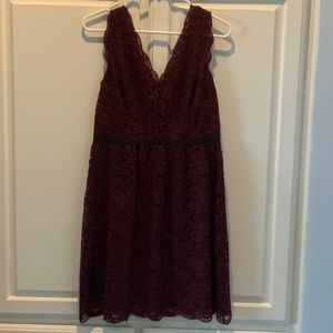 Burgundy party dress with black waist detail Gorgeous lace perfect for Christmas